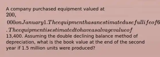 A company purchased equipment valued at 200,000 on January 1. The equipment has an estimated useful life of 6 years or 5 million units. The equipment is estimated to have a salvage value of13,400. Assuming the double declining balance method of depreciation, what is the book value at the end of the second year if 1.5 million units were produced?