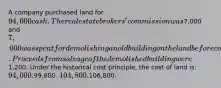 A company purchased land for 94,000 cash. The real estate brokers' commission was7,000 and 7,000 was spent for demolishing an old building on the land before construction of a new building could start. Proceeds from salvage of the demolished building were1,200. Under the historical cost principle, the cost of land is: 94,000.99,800. 104,800.106,800.