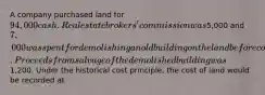 A company purchased land for 94,000 cash. Real estate brokers' commission was5,000 and 7,000 was spent for demolishing an old building on the land before construction of a new building could start. Proceeds from salvage of the demolished building was1,200. Under the historical cost principle, the cost of land would be recorded at