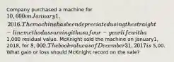 Company purchased a machine for 10,600 on January1, 2016. The machine has been depreciated using the straight-line method assuming it has a four-year life with a 1,000 residual value. McKnight sold the machine on January1, 2018, for 8,000. The book value as of December31, 2017 is 5,00. What gain or loss should McKnight record on the sale?