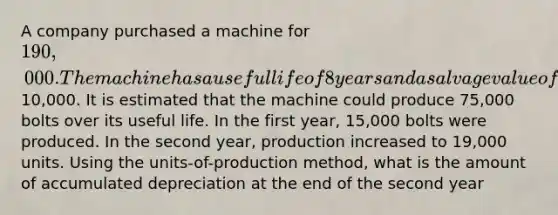 A company purchased a machine for 190,000. The machine has a useful life of 8 years and a salvage value of10,000. It is estimated that the machine could produce 75,000 bolts over its useful life. In the first year, 15,000 bolts were produced. In the second year, production increased to 19,000 units. Using the units-of-production method, what is the amount of accumulated depreciation at the end of the second year