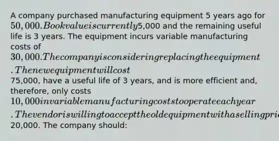 A company purchased manufacturing equipment 5 years ago for 50,000. Book value is currently5,000 and the remaining useful life is 3 years. The equipment incurs variable manufacturing costs of 30,000. The company is considering replacing the equipment. The new equipment will cost75,000, have a useful life of 3 years, and is more efficient and, therefore, only costs 10,000 in variable manufacturing costs to operate each year. The vendor is willing to accept the old equipment with a selling price of20,000. The company should: