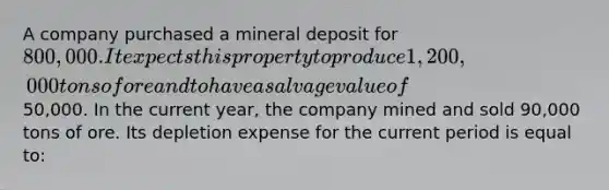 A company purchased a mineral deposit for 800,000. It expects this property to produce 1,200,000 tons of ore and to have a salvage value of50,000. In the current year, the company mined and sold 90,000 tons of ore. Its depletion expense for the current period is equal to: