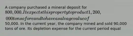 A company purchased a mineral deposit for 800,000. It expects this property to product 1,200,000 tons of ore and to have a salvage value of50,000. In the current year, the company mined and sold 90,000 tons of ore. Its depletion expense for the current period equal