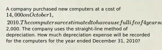 A company purchased new computers at a cost of 14,000 on October 1, 2010. The computers are estimated to have a useful life of 4 years and a salvage value of2,000. The company uses the straight-line method of depreciation. How much depreciation expense will be recorded for the computers for the year ended December 31, 2010?