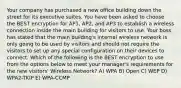 Your company has purchased a new office building down the street for its executive suites. You have been asked to choose the BEST encryption for AP1, AP2, and AP3 to establish a wireless connection inside the main building for visitors to use. Your boss has stated that the main building's internal wireless network is only going to be used by visitors and should not require the visitors to set up any special configuration on their devices to connect. Which of the following is the BEST encryption to use from the options below to meet your manager's requirements for the new visitors' Wireless Network? A) WPA B) Open C) WEP D) WPA2-TKIP E) WPA-CCMP