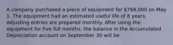 A company purchased a piece of equipment for 768,000 on May 1. The equipment had an estimated useful life of 8 years. Adjusting entries are prepared monthly. After using the equipment for five full months, the balance in the Accumulated Depreciation account on September 30 will be