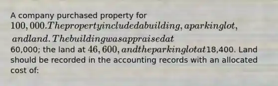 A company purchased property for 100,000. The property included a building, a parking lot, and land. The building was appraised at60,000; the land at 46,600, and the parking lot at18,400. Land should be recorded in the accounting records with an allocated cost of: