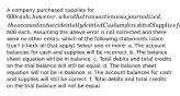 A company purchased supplies for 600 cash; however, when the transaction was journalized, the accountant accidentally debited Cash and credited Supplies for600 each. Assuming the above error is not corrected and there were no other errors, which of the following statements is/are true? (check all that apply) Select one or more: a. The account balances for cash and supplies will be incorrect. b. The balance sheet equation will be in balance. c. Total debits and total credits on the trial balance will still be equal. d. The balance sheet equation will not be in balance. e. The account balances for cash and supplies will still be correct. f. Total debits and total credits on the trial balance will not be equal.