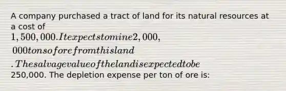 A company purchased a tract of land for its natural resources at a cost of 1,500,000. It expects to mine 2,000,000 tons of ore from this land. The salvage value of the land is expected to be250,000. The depletion expense per ton of ore is: