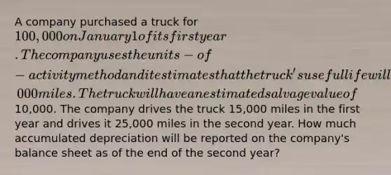 A company purchased a truck for 100,000 on January 1 of its first year. The company uses the units-of-activity method and it estimates that the truck's useful life will be 150,000 miles. The truck will have an estimated salvage value of10,000. The company drives the truck 15,000 miles in the first year and drives it 25,000 miles in the second year. How much accumulated depreciation will be reported on the company's balance sheet as of the end of the second year?