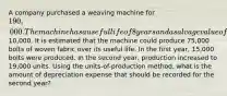 A company purchased a weaving machine for 190,000. The machine has a useful life of 8 years and a salvage value of10,000. It is estimated that the machine could produce 75,000 bolts of woven fabric over its useful life. In the first year, 15,000 bolts were produced. In the second year, production increased to 19,000 units. Using the units-of-production method, what is the amount of depreciation expense that should be recorded for the second year?