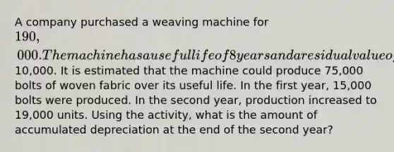 A company purchased a weaving machine for 190,000. The machine has a useful life of 8 years and a residual value of10,000. It is estimated that the machine could produce 75,000 bolts of woven fabric over its useful life. In the first year, 15,000 bolts were produced. In the second year, production increased to 19,000 units. Using the activity, what is the amount of accumulated depreciation at the end of the second year?