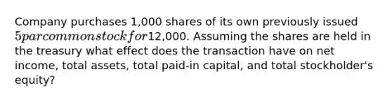 Company purchases 1,000 shares of its own previously issued 5 par common stock for12,000. Assuming the shares are held in the treasury what effect does the transaction have on net income, total assets, total paid-in capital, and total stockholder's equity?