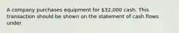 A company purchases equipment for 32,000 cash. This transaction should be shown on the statement of cash flows under