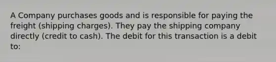 A Company purchases goods and is responsible for paying the freight (shipping charges). They pay the shipping company directly (credit to cash). The debit for this transaction is a debit to: