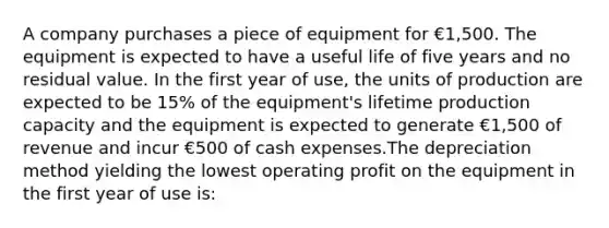 A company purchases a piece of equipment for €1,500. The equipment is expected to have a useful life of five years and no residual value. In the first year of use, the units of production are expected to be 15% of the equipment's lifetime production capacity and the equipment is expected to generate €1,500 of revenue and incur €500 of cash expenses.The depreciation method yielding the lowest operating profit on the equipment in the first year of use is: