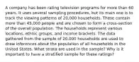 A company has been rating television programs for more than 60 years. It uses several sampling​ procedures, but its main one is to track the viewing patterns of​ 20,000 households. These contain more than​ 45,000 people and are chosen to form a cross-section of the overall population. The households represent various​ locations, ethnic​ groups, and income brackets. The data gathered from the sample of​ 20,000 households are used to draw inferences about the population of all households in the United States. What strata are used in the​ sample? Why is it important to have a stratified sample for these​ ratings?