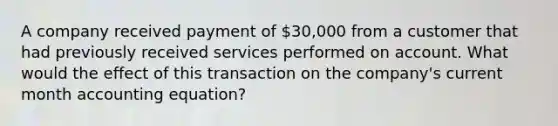 A company received payment of 30,000 from a customer that had previously received services performed on account. What would the effect of this transaction on the company's current month accounting equation?