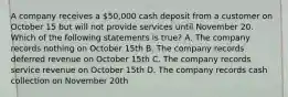 A company receives a 50,000 cash deposit from a customer on October 15 but will not provide services until November 20. Which of the following statements is true? A. The company records nothing on October 15th B. The company records deferred revenue on October 15th C. The company records service revenue on October 15th D. The company records cash collection on November 20th