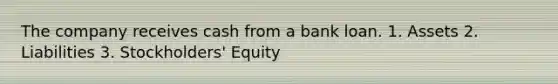 The company receives cash from a bank loan. 1. Assets 2. Liabilities 3. Stockholders' Equity