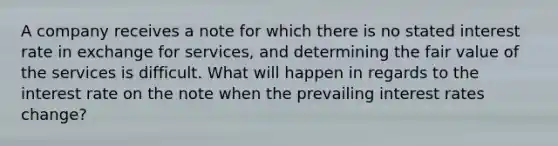 A company receives a note for which there is no stated interest rate in exchange for services, and determining the fair value of the services is difficult. What will happen in regards to the interest rate on the note when the prevailing interest rates change?