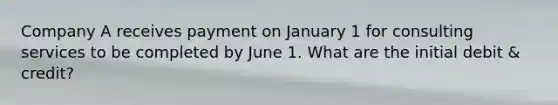 Company A receives payment on January 1 for consulting services to be completed by June 1. What are the initial debit & credit?