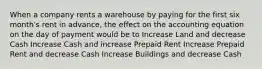 When a company rents a warehouse by paying for the first six month's rent in advance, the effect on the accounting equation on the day of payment would be to Increase Land and decrease Cash Increase Cash and increase Prepaid Rent Increase Prepaid Rent and decrease Cash Increase Buildings and decrease Cash