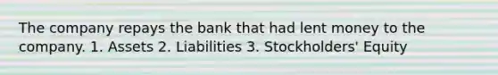 The company repays the bank that had lent money to the company. 1. Assets 2. Liabilities 3. Stockholders' Equity