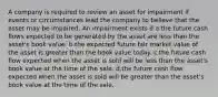 A company is required to review an asset for impairment if events or circumstances lead the company to believe that the asset may be impaired. An impairment exists if a.the future cash flows expected to be generated by the asset are less than the asset's book value. b.the expected future fair market value of the asset is greater than the book value today. c.the future cash flow expected when the asset is sold will be less than the asset's book value at the time of the sale. d.the future cash flow expected when the asset is sold will be greater than the asset's book value at the time of the sale.