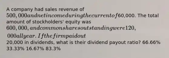 A company had sales revenue of 500,000 and net income during the current of60,000. The total amount of stockholders' equity was 600,000, and common shares outstanding were 120,000 all year. If the firm paid out20,000 in dividends, what is their dividend payout ratio? 66.66% 33.33% 16.67% 83.3%