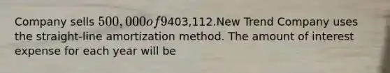 Company sells 500,000 of 9​%, 10​-year bonds for 80.6224 on April​ 1, 2018. The market rate of interest on that day is 12.5​%. Interest is paid each year on April 1. The issue price of the bond is403,112.New Trend Company uses the​ straight-line amortization method. The amount of interest expense for each year will be