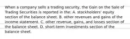 When a company sells a trading​ security, the Gain on the Sale of Trading Securities is reported in​ the: A. ​stockholders' equity section of the balance sheet. B. other revenues and gains of the income statement. C. other​ revenue, gains, and losses section of the balance sheet. D. short-term investments section of the balance sheet.