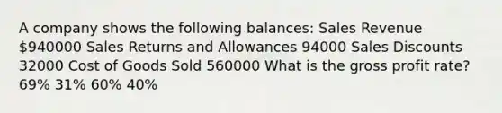 A company shows the following balances: Sales Revenue 940000 Sales Returns and Allowances 94000 Sales Discounts 32000 Cost of Goods Sold 560000 What is the gross profit rate? 69% 31% 60% 40%