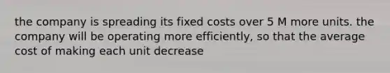 the company is spreading its fixed costs over 5 M more units. the company will be operating more efficiently, so that the average cost of making each unit decrease