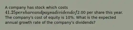 A company has stock which costs 41.25 per share and pays a dividend of2.00 per share this year. The​ company's cost of equity is 10​%. What is the expected annual growth rate of the​ company's dividends?