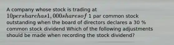 A company whose stock is trading at 10 per share has 1,000 shares of 1 par common stock outstanding when the board of directors declares a 30 % common stock dividend Which of the following adjustments should be made when recording the stock dividend?