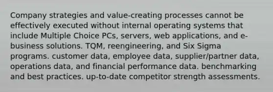 Company strategies and value-creating processes cannot be effectively executed without internal operating systems that include Multiple Choice PCs, servers, web applications, and e-business solutions. TQM, reengineering, and Six Sigma programs. customer data, employee data, supplier/partner data, operations data, and financial performance data. benchmarking and best practices. up-to-date competitor strength assessments.