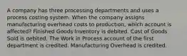 A company has three processing departments and uses a process costing system. When the company assigns manufacturing overhead costs to production, which account is affected? Finished Goods Inventory is debited. Cost of Goods Sold is debited. The Work in Process account of the first department is credited. Manufacturing Overhead is credited.