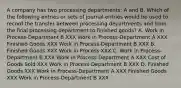 A company has two processing departments: A and B. Which of the following entries or sets of journal entries would be used to record the transfer between processing departments and from the final processing department to finished goods? A. Work in Process-Department B XXX Work in Process-Department A XXX Finished Goods XXX Work in Process-Department B XXX B. Finished Goods XXX Work in Process XXX C. Work in Process-Department B XXX Work in Process-Department A XXX Cost of Goods Sold XXX Work in Process-Department B XXX D. Finished Goods XXX Work in Process-Department A XXX Finished Goods XXX Work in Process-Department B XXX