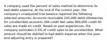 A company used the percent of sales method to determine its bad debts expense. At the end of the current year, the company's unadjusted trial balance reported the following selected amounts: Accounts receivable 245,000 debit Allowances for uncollectible accounts 300 credit Net sales 900,000 credit All sales are made on credit. Based on past experiences, the company estimates 0.5% of credit sales to be uncollectible. What amount should be debited to bad debts expense when the year-end adjusting entry is prepared?