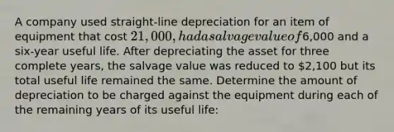 A company used straight-line depreciation for an item of equipment that cost 21,000, had a salvage value of6,000 and a six-year useful life. After depreciating the asset for three complete years, the salvage value was reduced to 2,100 but its total useful life remained the same. Determine the amount of depreciation to be charged against the equipment during each of the remaining years of its useful life: