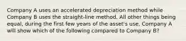 Company A uses an accelerated depreciation method while Company B uses the straight-line method. All other things being equal, during the first few years of the asset's use, Company A will show which of the following compared to Company B?