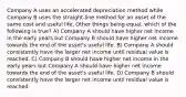 Company A uses an accelerated depreciation method while Company B uses the straight-line method for an asset of the same cost and useful life. Other things being equal, which of the following is true? A) Company A should have higher net income in the early years but Company B should have higher net income towards the end of the asset's useful life. B) Company A should consistently have the larger net income until residual value is reached. C) Company B should have higher net income in the early years but Company A should have higher net income towards the end of the asset's useful life. D) Company B should consistently have the larger net income until residual value is reached.