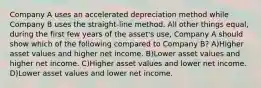 Company A uses an accelerated depreciation method while Company B uses the straight-line method. All other things equal, during the first few years of the asset's use, Company A should show which of the following compared to Company B? A)Higher asset values and higher net income. B)Lower asset values and higher net income. C)Higher asset values and lower net income. D)Lower asset values and lower net income.