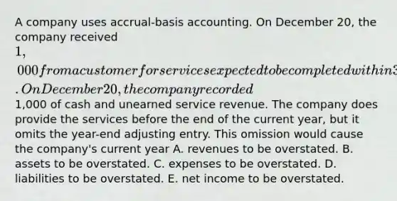 A company uses accrual-basis accounting. On December 20, the company received 1,000 from a customer for services expected to be completed within 30 days. On December 20, the company recorded1,000 of cash and unearned service revenue. The company does provide the services before the end of the current year, but it omits the year-end adjusting entry. This omission would cause the company's current year A. revenues to be overstated. B. assets to be overstated. C. expenses to be overstated. D. liabilities to be overstated. E. net income to be overstated.