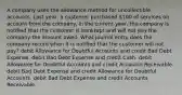 A company uses the allowance method for uncollectible accounts. Last year, a customer purchased 100 of services on account from the company. In the current year, the company is notified that the customer is bankrupt and will not pay the company the amount owed. What journal entry does the company record when it is notified that the customer will not pay? debit Allowance for Doubtful Accounts and credit Bad Debt Expense. debit Bad Debt Expense and credit Cash. debit Allowance for Doubtful Accounts and credit Accounts Receivable. debit Bad Debt Expense and credit Allowance for Doubtful Accounts. debit Bad Debt Expense and credit Accounts Receivable.