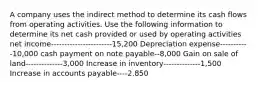 A company uses the indirect method to determine its cash flows from operating activities. Use the following information to determine its net cash provided or used by operating activities net income-----------------------15,200 Depreciation expense-----------10,000 cash payment on note payable--8,000 Gain on sale of land--------------3,000 Increase in inventory--------------1,500 Increase in accounts payable----2,850