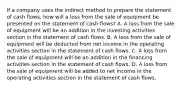 If a company uses the indirect method to prepare the statement of cash flows, how will a loss from the sale of equipment be presented on the statement of cash flows? A. A loss from the sale of equipment will be an addition in the investing activities section in the statement of cash flows. B. A loss from the sale of equipment will be deducted from net income in the operating activities section in the statement of cash flows. C. A loss from the sale of equipment will be an addition in the financing activities section in the statement of cash flows. D. A loss from the sale of equipment will be added to net income in the operating activities section in the statement of cash flows.