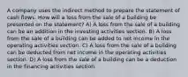 A company uses the indirect method to prepare the statement of cash flows. How will a loss from the sale of a building be presented on the statement? A) A loss from the sale of a building can be an addition in the investing activities section. B) A loss from the sale of a building can be added to net income in the operating activities section. C) A loss from the sale of a building can be deducted from net income in the operating activities section. D) A loss from the sale of a building can be a deduction in the financing activities section.